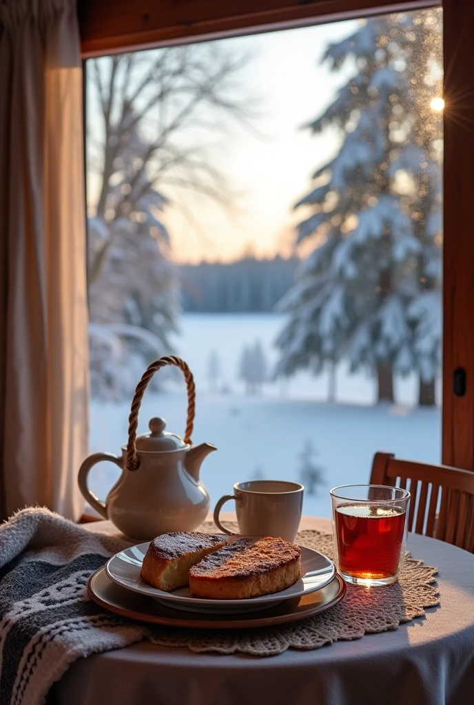 Winter cozy terase outside, of a cozy cabin, with a marvelous look on a lake from above, very delicious breakfast, tee