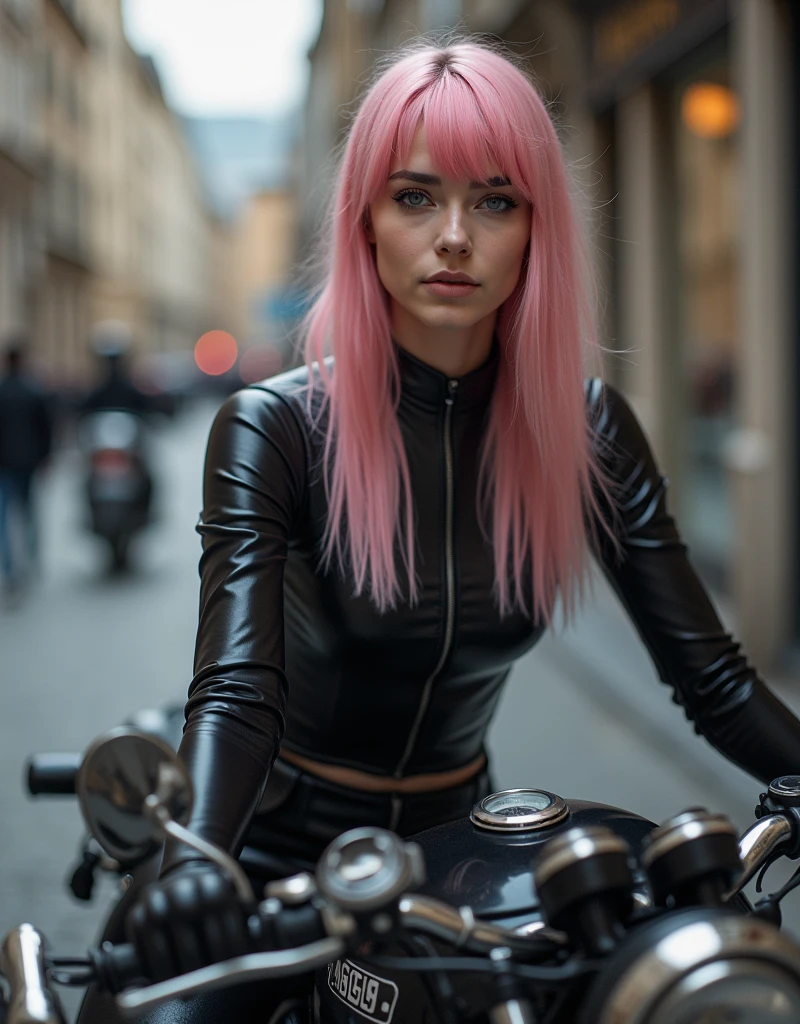 Full lenght, pink hair, narrow face, grey eyes, girl, 18 years old, slim figure, almond-shaped eyes, button nose, full lips, european appearance, ultra highly intricate detailed, black eyeliner, leather bodysuite, over knee boots, looking at the camera, professional photography, ultra sharp focus, very beautiful, on motorcycle