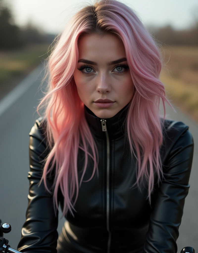 Full lenght, pink hair, narrow face, grey eyes, girl, 18 years old, slim figure, almond-shaped eyes, button nose, full lips, european appearance, ultra highly intricate detailed, black eyeliner, leather bodysuite, over knee boots, looking at the camera, professional photography, ultra sharp focus, very beautiful, on motorcycle