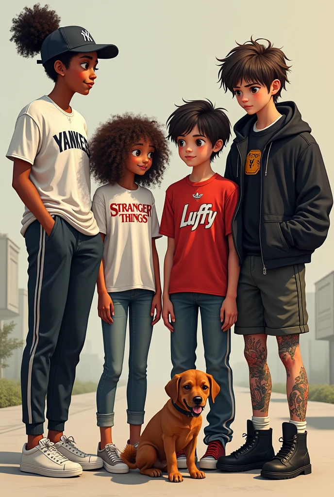 Tall girl Yankees cap coiled hair with ponytail long sport shirt chubby tight pants Adidas shoes, next to girl curly hair rolled white skin strangers things shirt wing young tall luffy shirt wing man short stature rocker shirt with black jacket tattooed skin cholo, black boots, small stature, next to a brown dog