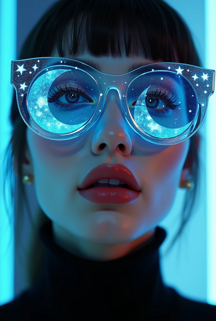 The model is wearing glass sunglasses with stars and the moon on the glass