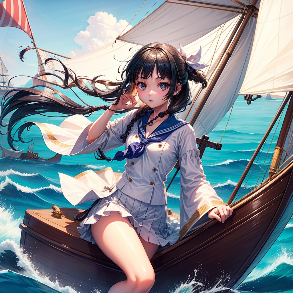 One Girl（８Year）, pirate, Highest quality、Cinema Lighting、Sailor suit、Long skirt、 Yacht（galleon）on the mast、White panties,