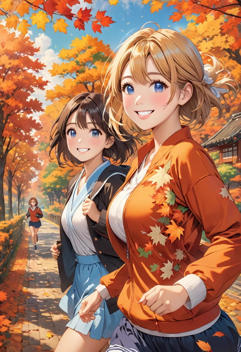 Highest quality、High resolution、Detailed Background、(Beautiful face in every detail:1.4)、Detailed facial expressions、Detailed eyes、Teenage beauty、Huge breasts、Light color hair、Braided bob cut、cute仕草、Scenes that show the change of seasons、cute運動着、
(Two smiling girls running through the changing autumn scenery:1.5)、
The girl's hair flutters in the autumn wind、Fallen leaves on the slope、Feel the change of seasons with a light heart、Happiness is enveloped in the sunset scenery、The Coming of Autumn and the Appearance of a Girl、A girl runs freely、cute