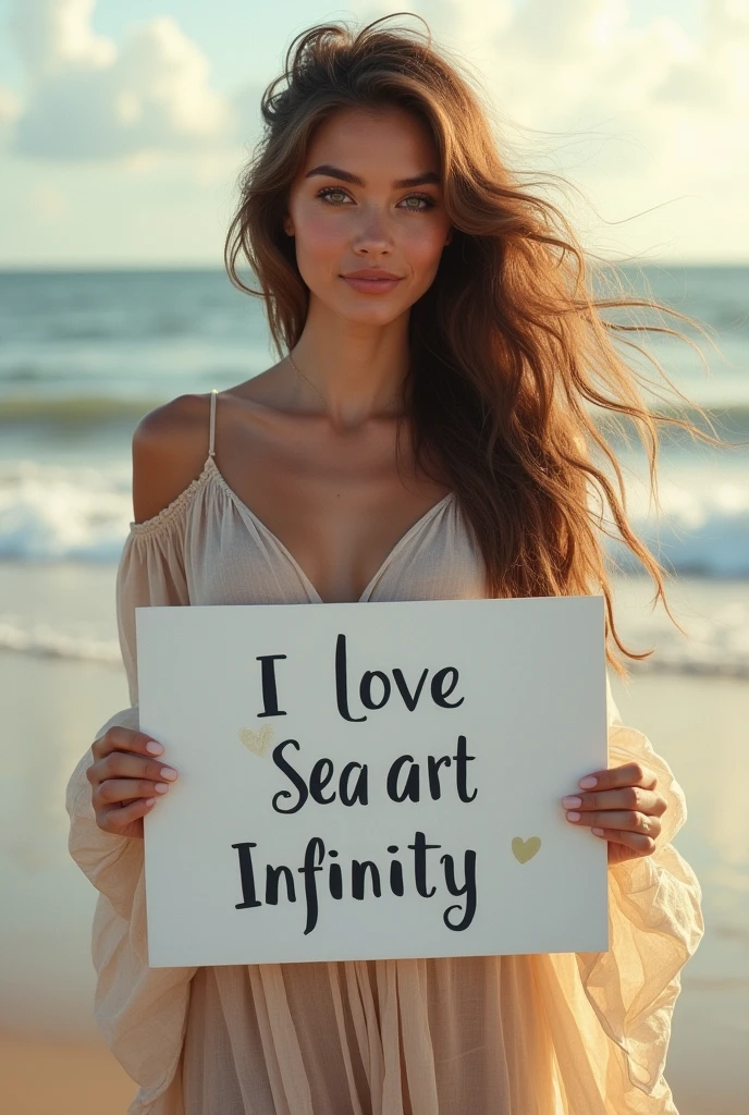 Beautiful girl with wavy long hair, bohemian dress, holding a white board with text "I Love Seaart Infinity" and showing it to the viewer