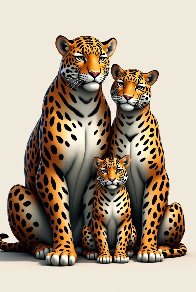 Generates a realistic image without background that represents a family of 4 jaguars in a pose that simulates a family photo. The image must include:
An adult male jaguar (dad), with a protective expression.
An adult female jaguar (mother), with a loving expression.
A young jaguar (20 year old teenage son), with a more independent or rebellious stance.
A jaguar cub (8 year old son), with a playful or curious expression.
Jaguars belong together, in a posture that reflects family unity, as if they were posing for a family photograph. The image must be without background