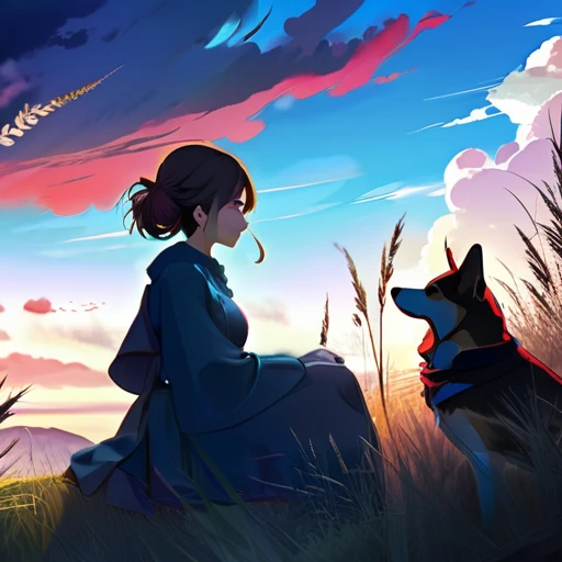 anime landscape of a girl＆cute corgidog sitting on a hill with grasses with dark blue clouds, blue cere madder sky  lightly big bell   with few clouds, anime nature wallpapers, beautiful anime scene, beautiful anime peace scene, Makoto Shinkai Cyril Rolando, beautiful scene of anime, amazing wallpaper, anime art wallpaper 8k, anime background, art anime background, anime 4k wallpaper, anime art 4k wallpaper, anime art 4k wallpaper,  prayer of requiem  prayer of requiem