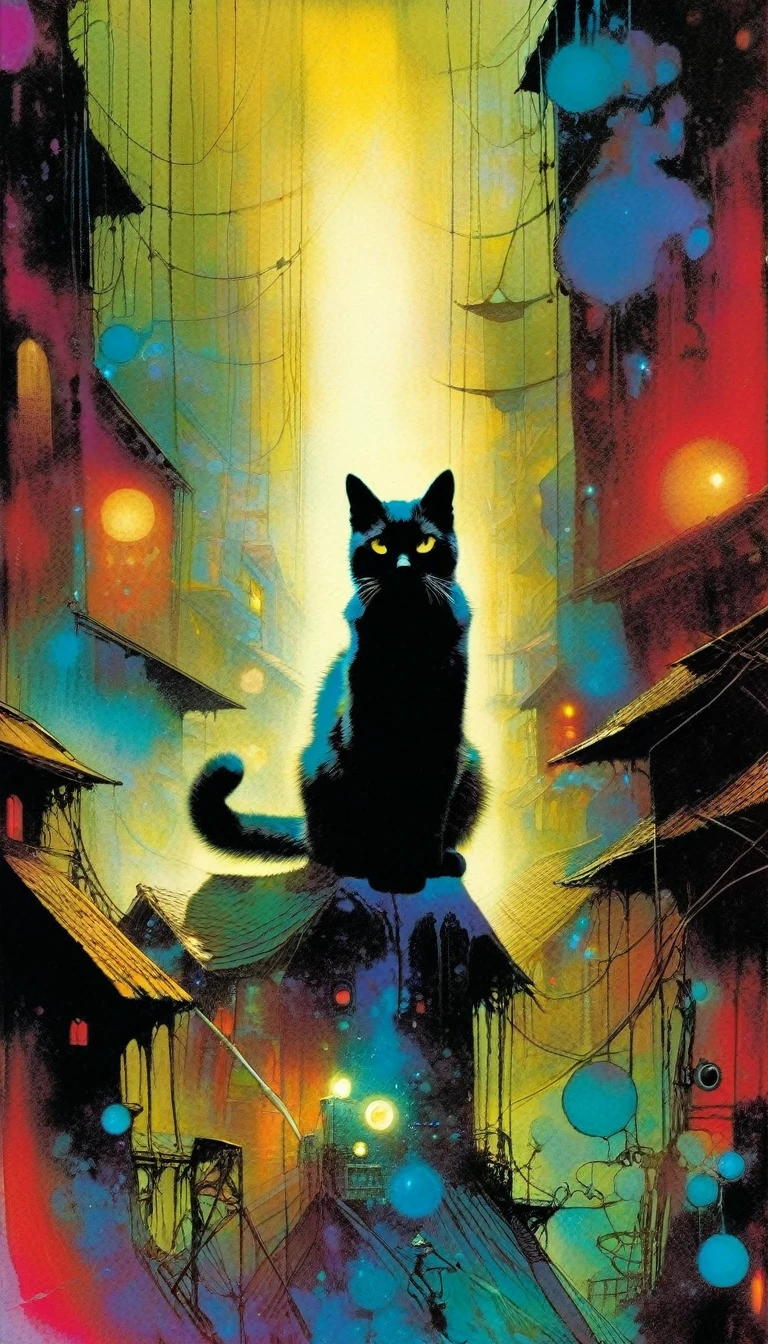 a cat in a strange world, art inspired by Bill Sienkiewicz and Dave Mckean