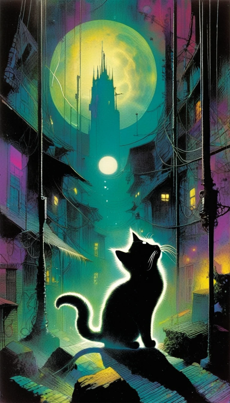 a cat in a strange world, art inspired by Bill Sienkiewicz and Dave Mckean