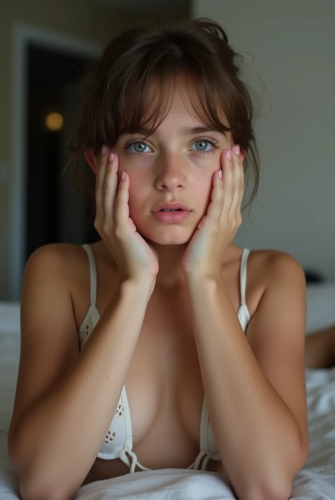 Argentine girl with short hair, blue eyes and white skin, , masturbating and moaning