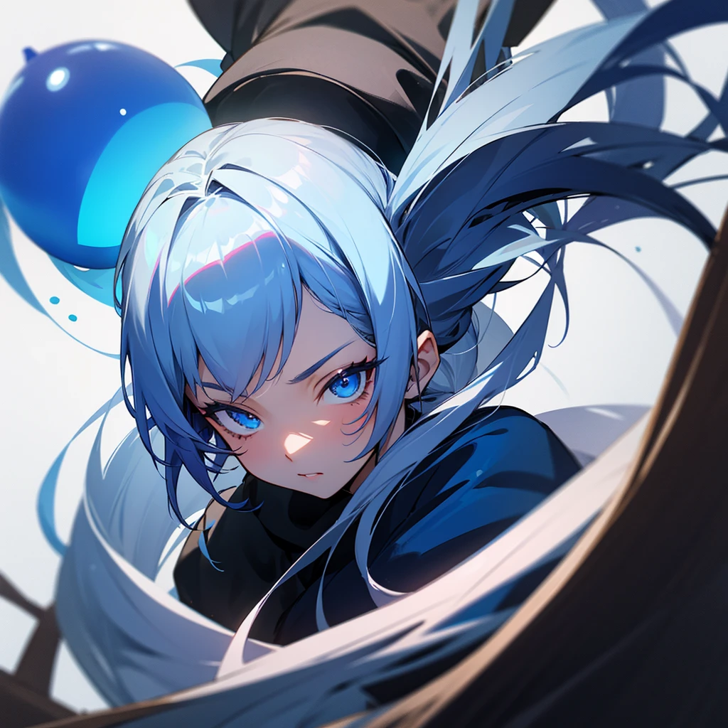 Now create the same character but with half of the hair very dark blue and dark blue eyes with a white ball in the middle.