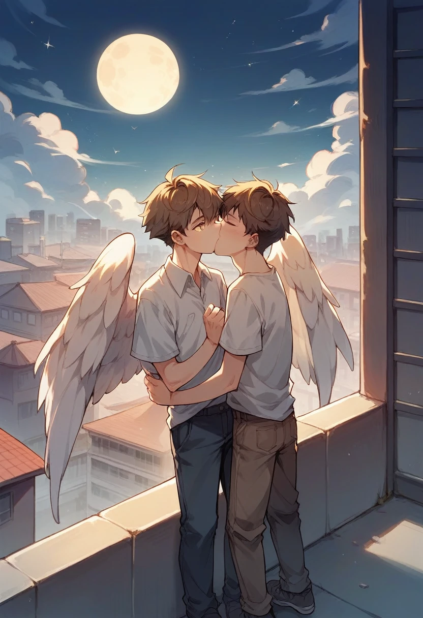 Young man with big white wings brown short hair and yellow eyes, man standing in front of young woman, woman has long working hair, kiss, moon, roof, city