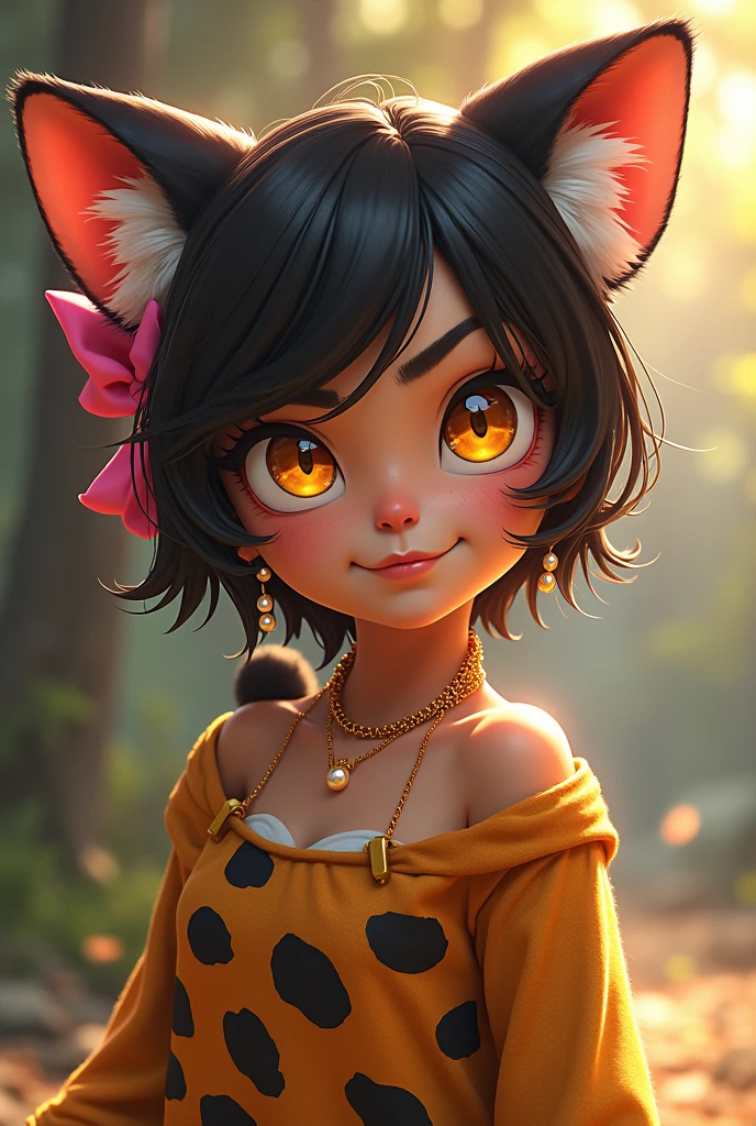 A jaguar girl for a children's comic. Realistic HD. Earrings on left ear full body. further . further . mischievous look . A pink bow. a little chain with a pendant around the neck.a pearl earring in the left ear