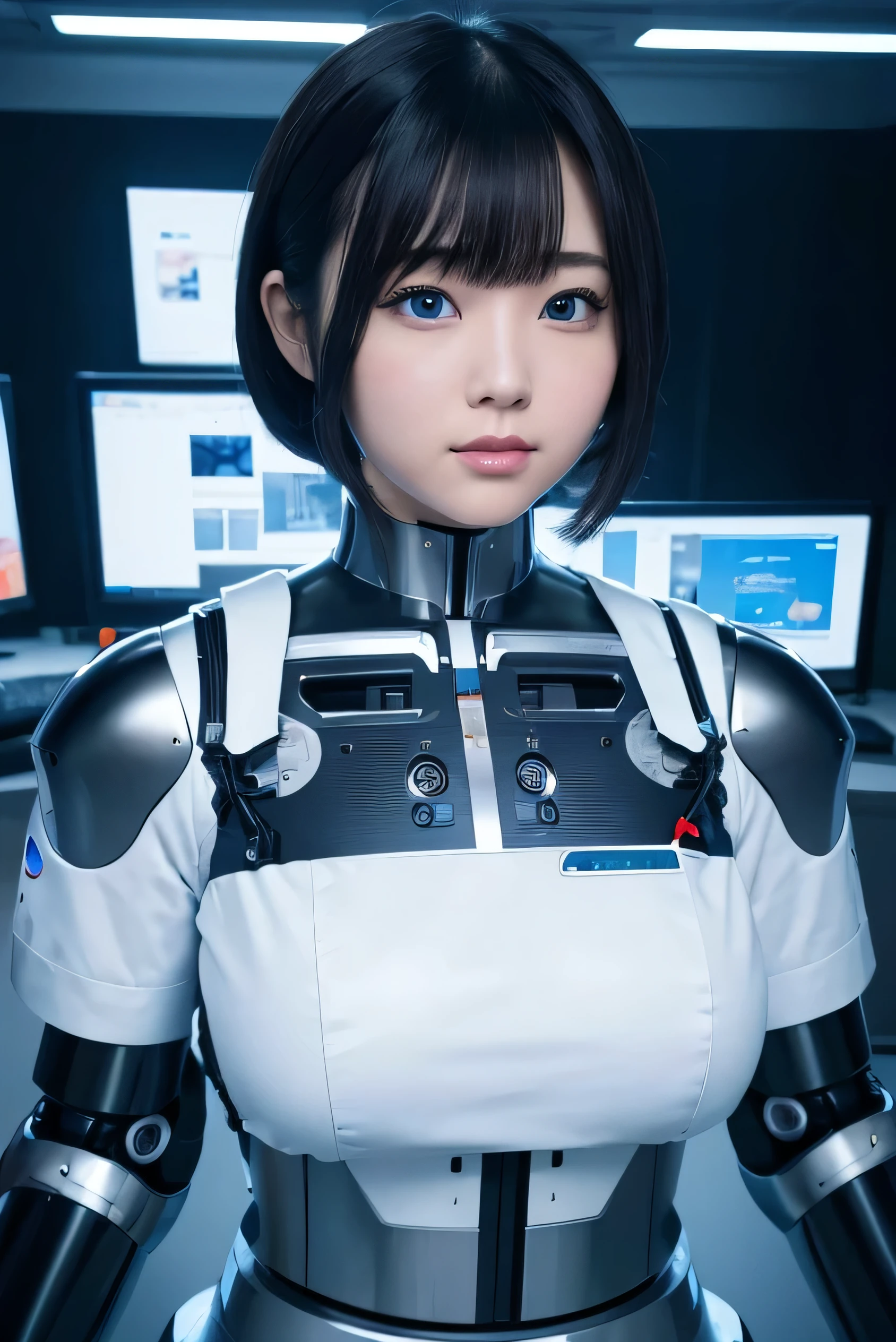masterpiece, best quality, extremely detailed, Japaese android girl,portrait,Plump,a bit chubby,control panels,android,Droid,Mechanical Hand, Robot arms and legs, Black hair,Blunt bangs,perfect robot girl,long tube,thick cable connected her neck,android,robot,humanoid,cyborg,japanese cyborg girl ,robot-assembly plant,She is assembling now,assembly scene,blue eyes,chest monitor