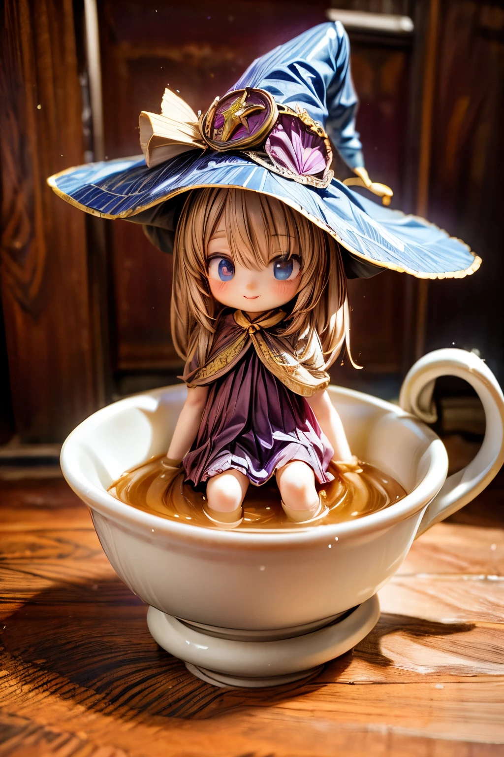 masterpiece, Highest quality, Wizard Tea , magic tea , magic, Little, Handsome witch, Highly detailed realistic eyes, Happy, Vibrant, colorful,