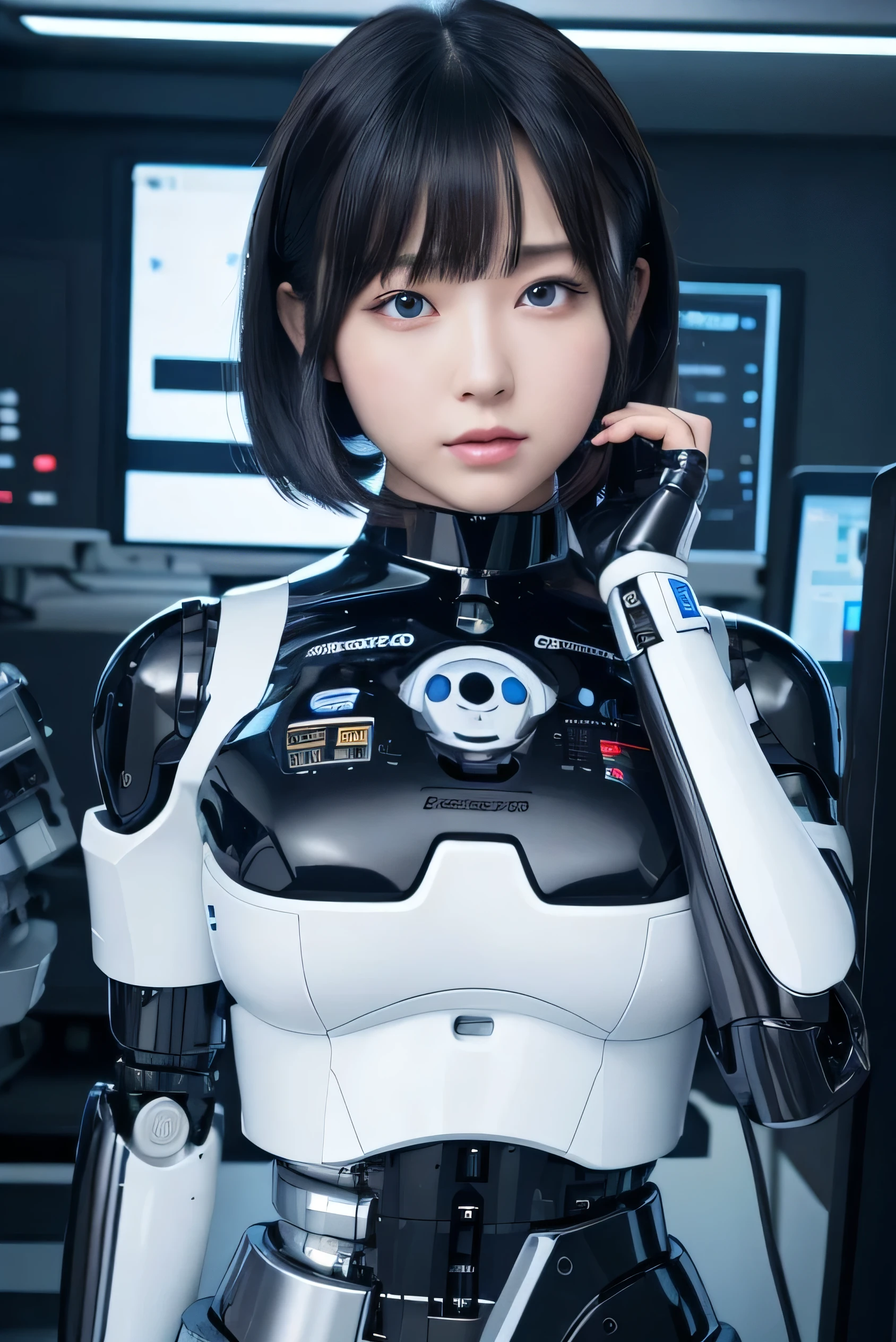masterpiece, best quality, extremely detailed, Japaese android girl,portrait,Plump,a bit chubby,control panels,android,Droid,Mechanical Hand, Robot arms and legs, Black hair,Blunt bangs,perfect robot girl,long tube,thick cable connected her neck,android,robot,humanoid,cyborg,japanese cyborg girl ,robot-assembly plant,She is assembling now,assembly scene,blue eyes,chest monitor