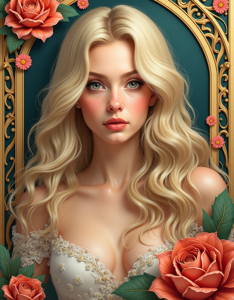 European woman's face portrait, long curly hair, blonde, flower frame, decorative panel, abstract art, by Alphonse Mucha (masterpiece, highest quality, high resolution: 1.4), detailed, intricate details, 4K, color splash, line art, Fibonacci, in underwear