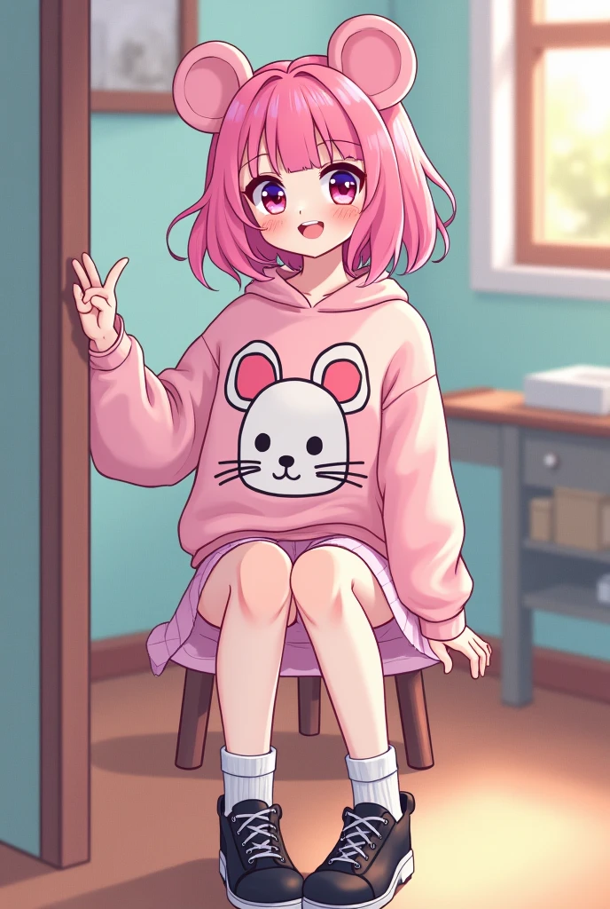 Sent by you:
Teenager of about 14 years old with light pink and pastel hair. Her clothes are a mouse sweatshirt plus a light pink skirt and white stockings, black shoes and in the shape of a cartoon.