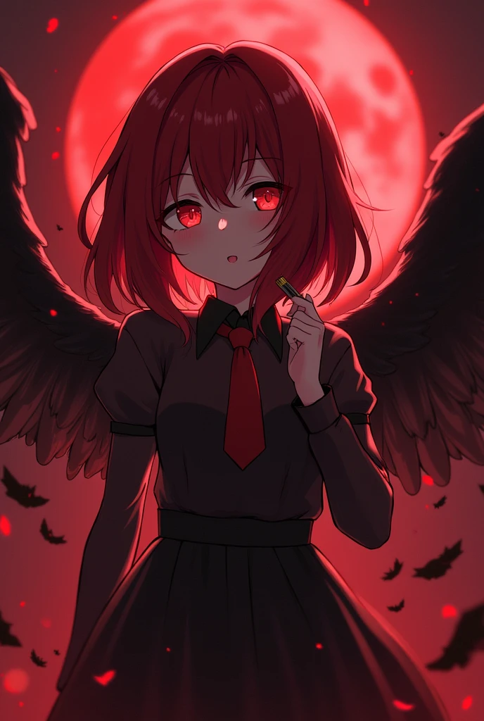 black angel red hair red eyes brushing hair anime