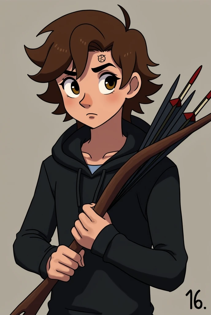 Dipper Pines at , brown but long hair, small waist, Brown eyes, with a birthmark on the forehead of the Big Dipper, resigned and cute nose, pretty lips, with a bow and arrow, a black outfit and a hood with hair slightly uncovered,man and sexy and handsome