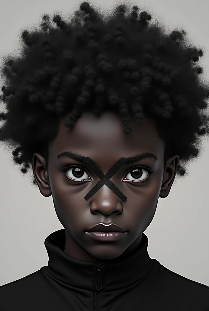 Black boy persona "THAT KIDDING FROM NEW" with black hair type c4 curly with "X" in place of the eyes
