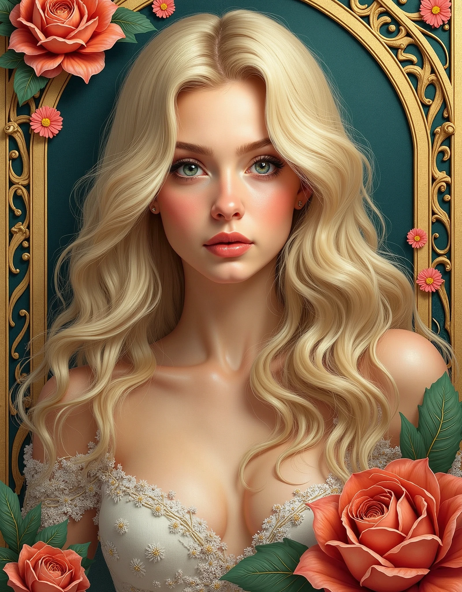 European woman's face portrait, long curly hair, blonde, flower frame, decorative panel, abstract art, by Alphonse Mucha (masterpiece, highest quality, high resolution: 1.4), detailed, intricate details, 4K, color splash, line art, Fibonacci, in underwear