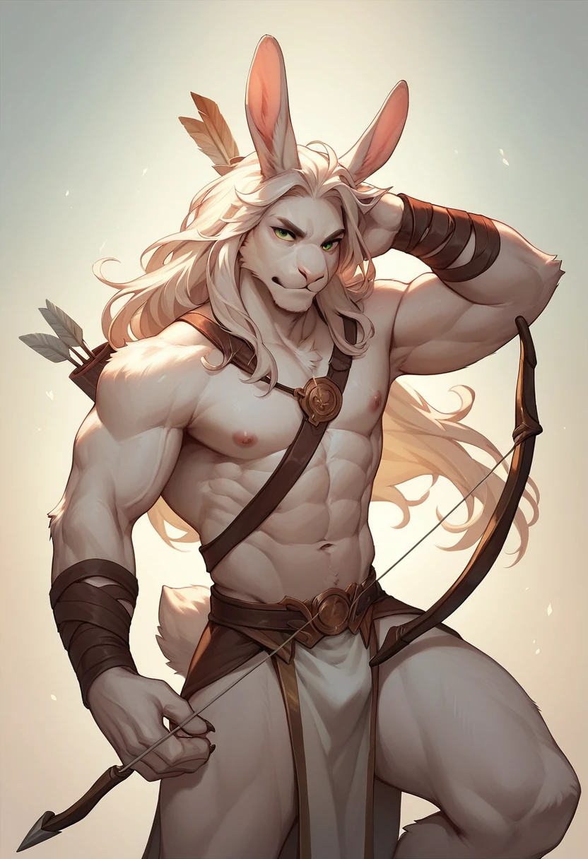 Male bunny, mythology artwork, GOD, white fur, long hair, whole body, pose, bow and arrow