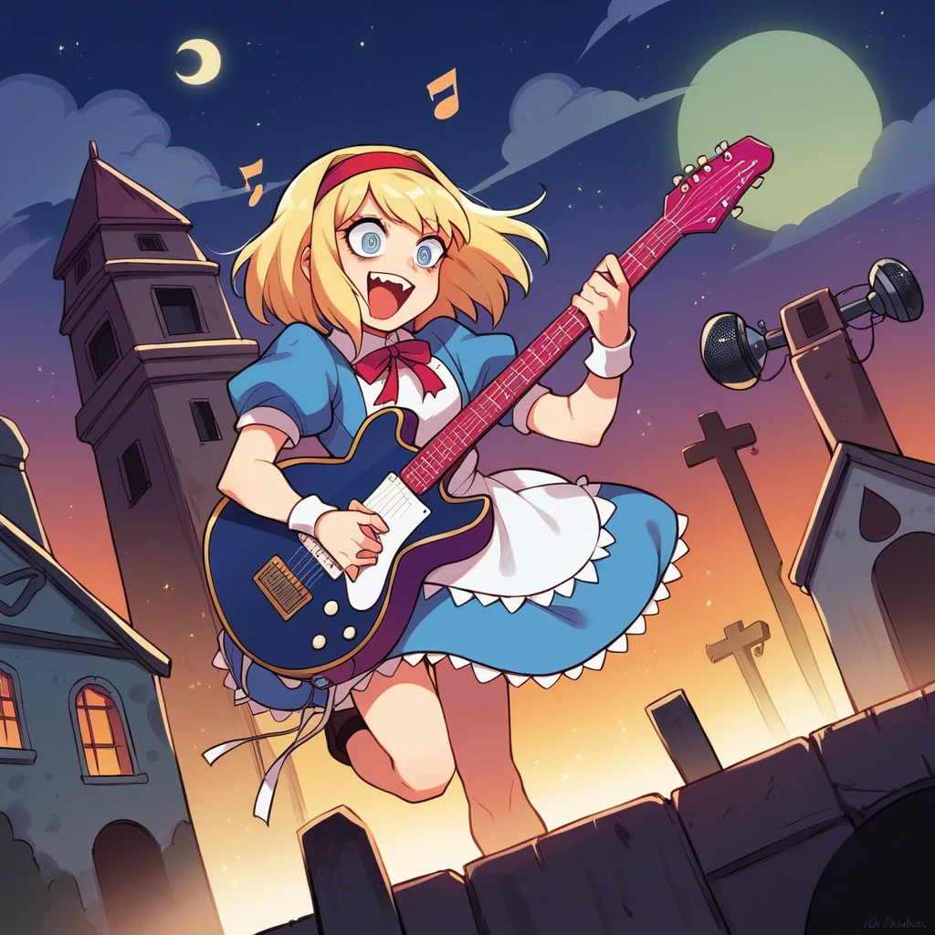 Bold brushstrokes, anime style illustration, midsummer night, crazy fun, cinematic lighting, Alice and the main characters from "Alice in Wonderland" performing a rock concert in a graveyard in the middle of the night, Alice with an electric guitar hanging from her shoulder, singing into a microphone, the dead audience cheering on.