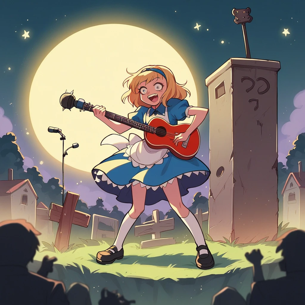 Bold brushstrokes, anime style illustration, midsummer night, crazy fun, cinematic lighting, Alice and the main characters from "Alice in Wonderland" performing a rock concert in a graveyard in the middle of the night, Alice with an electric guitar hanging from her shoulder, singing into a microphone, the dead audience cheering on.