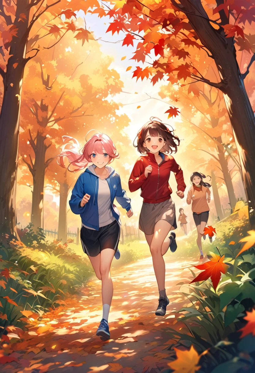 Highest quality、High resolution、Detailed Background、(Beautiful face in every detail:1.4)、Detailed facial expressions、Detailed eyes、age beauty、Huge breasts、Light color hair、Braided bob cut、cute仕草、Scenes that show the change of seasons、cute運動着、
(Two smiling girls running through the changing autumn scenery:1.5)、
The girl's hair flutters in the autumn wind、Fallen leaves on the slope、Feel the change of seasons with a light heart、Happiness is enveloped in the sunset scenery、The Coming of Autumn and the Appearance of a Girl、A girl runs freely、cute
