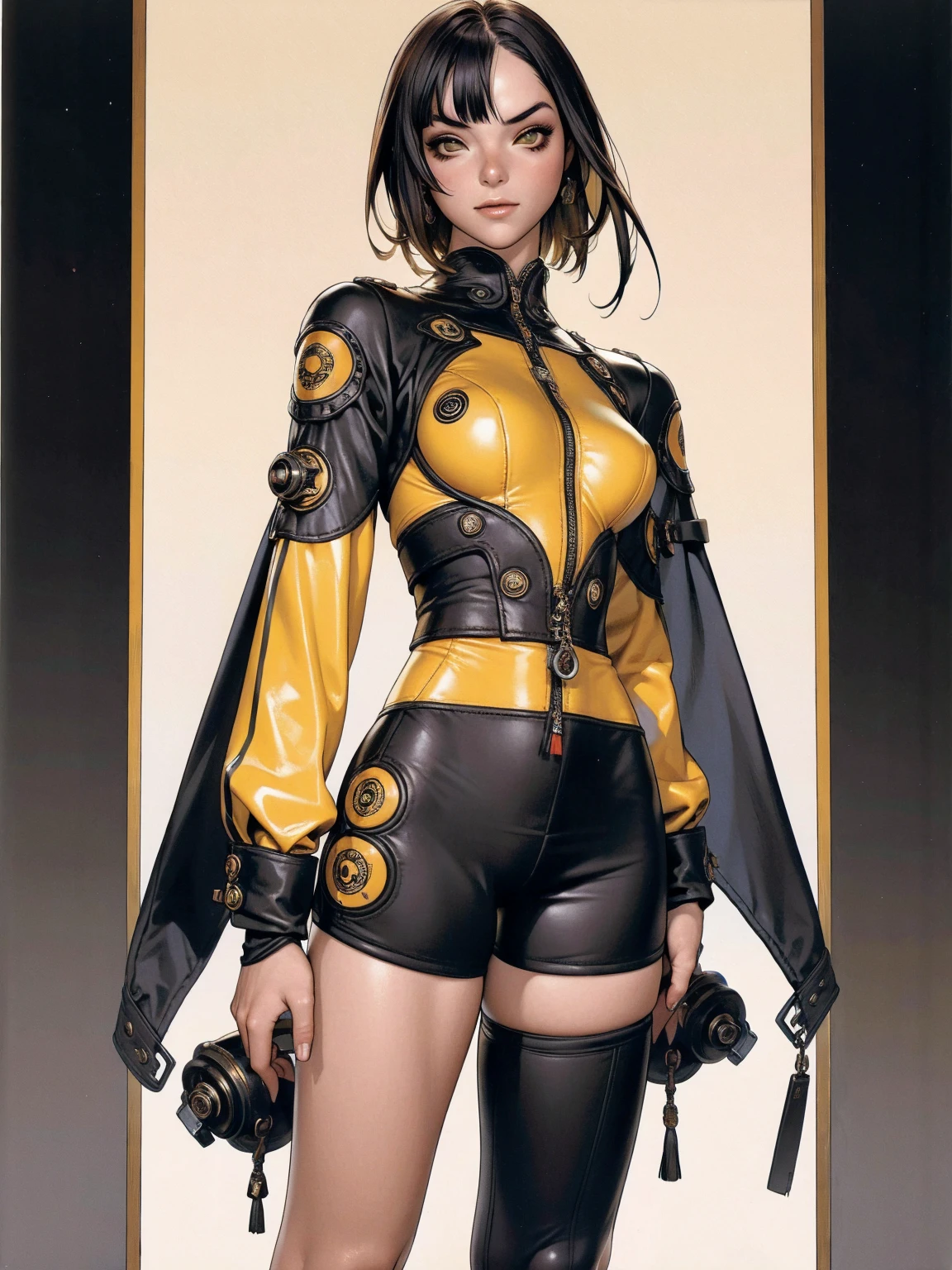(best qualityer))), (((manga strokes))), (((black bob hair with straight bangs and yellow highlights))), (((Mini shorts with 2 side stripes))), uma Kizi jovem muito bem vestida com roupas modernas de verão, top gift vertical stripes, bodysuit com gola de pele escura, beautiful and expressive face, slightly-smile, big eyes with long black eyelashes, heavy make-up, chains and zippers spread across clothes, contrasting colours, pose de atitude, hair with a modern and futuristic cut, urban game poster art, dramatic camera angles, graffiti art elements in the background, design mixing contemporary and retro by Shepard Fairey, (((cowboy shot))), (((best qualityer: 1.4))), (Unbeatable masterpiece), (hiper HD),(CG 8k hyper-realistic), Kizi, (((standing alone))), pirralha violent, (((14歳))), sexly, pose de atitude, work of art, post-apocalypse, (((manga style))), bounty hunter, violent, Manic, the way you want, slenderbody, thin but strong, perfectbody, roupa moderna, advanced technology, neon, sleeves with vertical striped pattern, neutral background, (( cowboy shot )). intricate visual