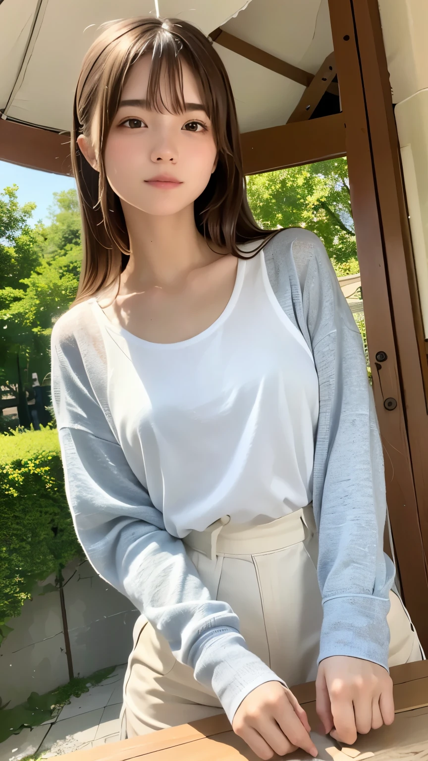 Highest quality、masterpiece、Table Top、RAW Photos、Film Grain、High resolution、Very detailed、BREAK、One Woman、、Cute Face、Beige hair、Straight hair with mesh、White camisole、Light blueTshirt、Smaller breasts、BREAK、Outdoor、Summer Park、squirt