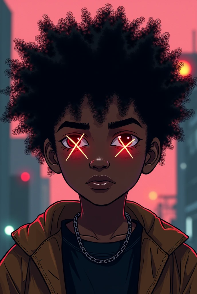 Black boy persona "THAT KIDDING FROM NEW" with black hair type c4 curly with "X" in place of the eyes 