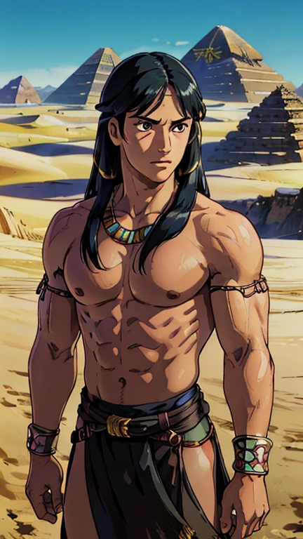 (1man, sking, GarkEst), (extremely detailed CG unit 8k wallpaper),(master part), (best quality), (ultra detail), (best illustration),(melhor ombre), cowboy shot, (Sharp eyeliner, ombre, detailed eyes:1), Egyptian desert background,break , (ghibli style), upper body, muscular