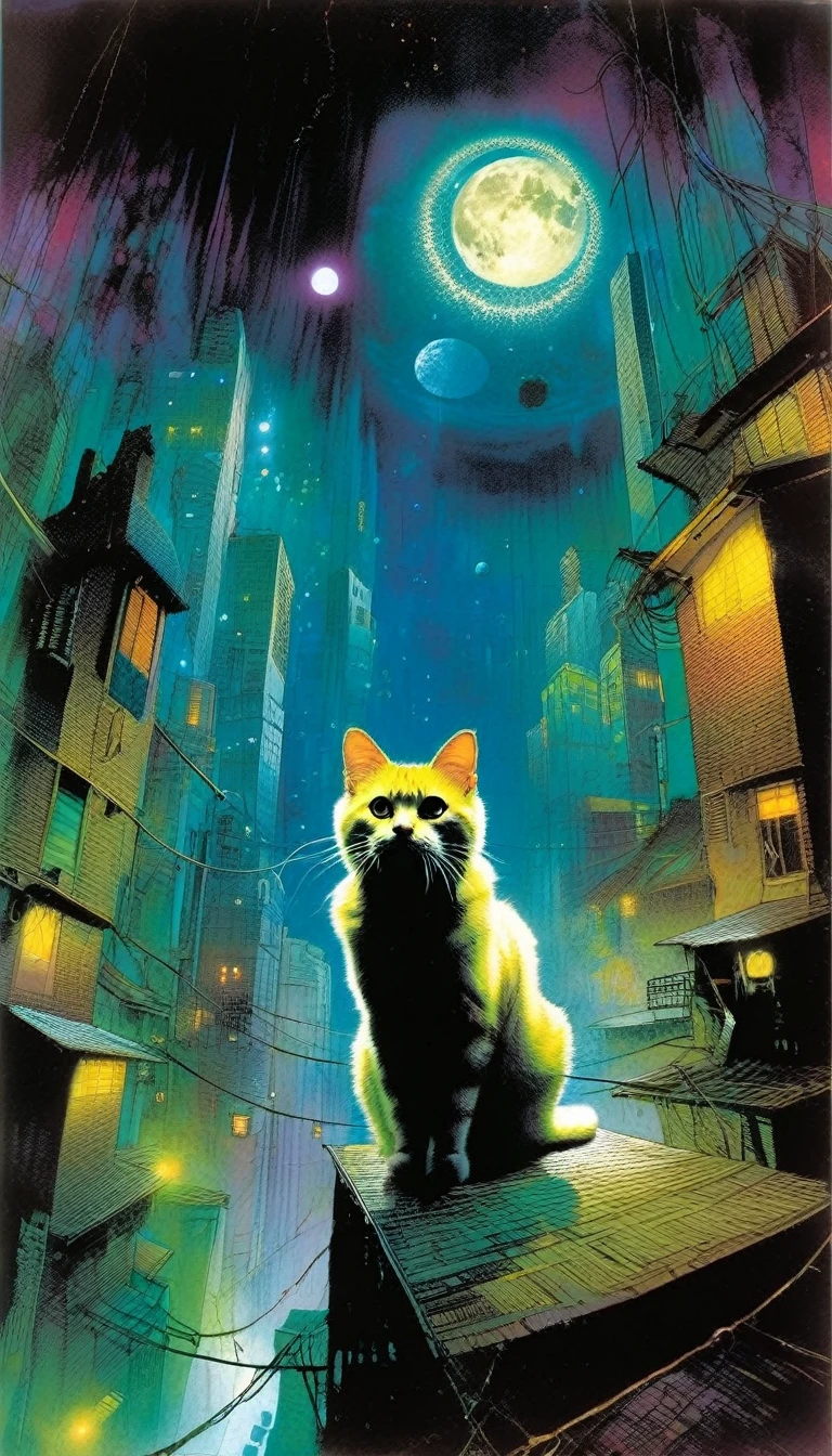 a cat in a strange world, art inspired by Bill Sienkiewicz and Dave Mckean
