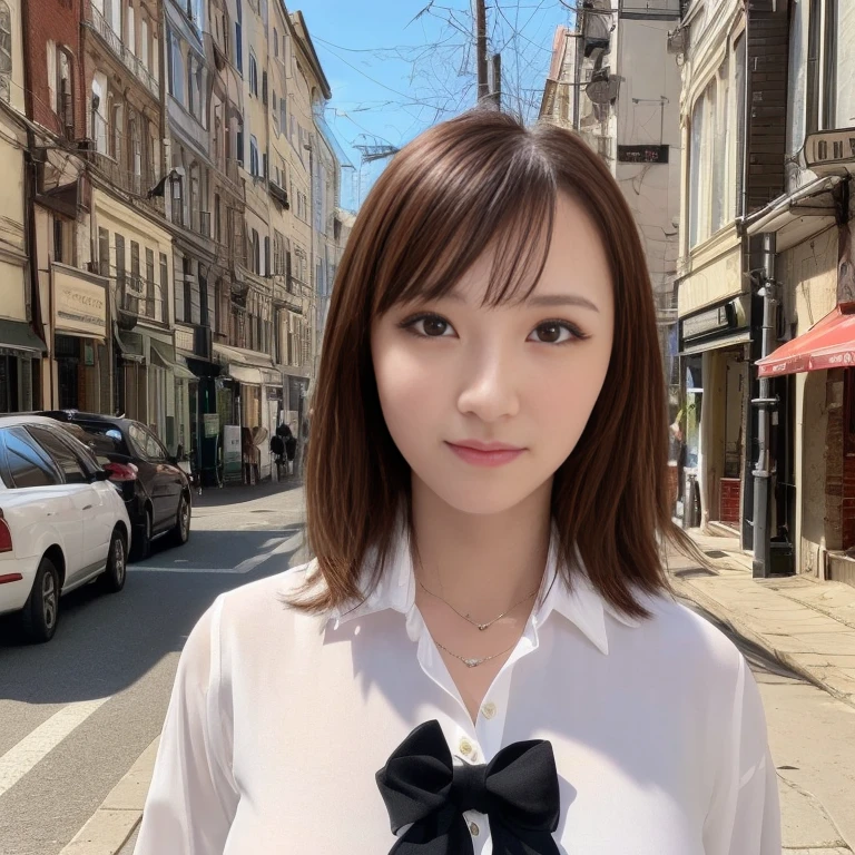 ((Highest quality, 8k, masterpiece :1.3)), Sharp focus :1.2, Beautiful woman with perfect figure :1.4, Slim Abs :1.2, ((Dark brown hair, Big Breasts :1.2)), (White button-up long shirt :1.1), City Street:1.2, Highly detailed face and skin texture, Detailed eyes, double eyelid