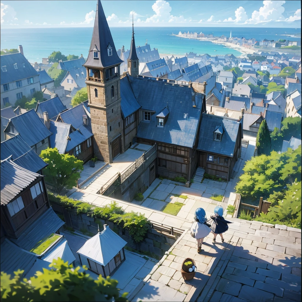 create an anime village that is not too big and not too small, smooth stone streets, houses without modern architecture and that have the sea on the side and that have a view that takes in the entire village and then make him with half dark blue hair and dark blue eyes with a white ball in the middle