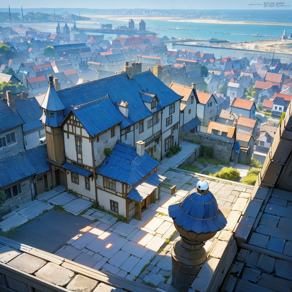 create an anime village that is not too big and not too small, smooth stone streets, houses without modern architecture and that have the sea on the side and that have a view that takes in the entire village and then make him with half dark blue hair and dark blue eyes with a white ball in the middle