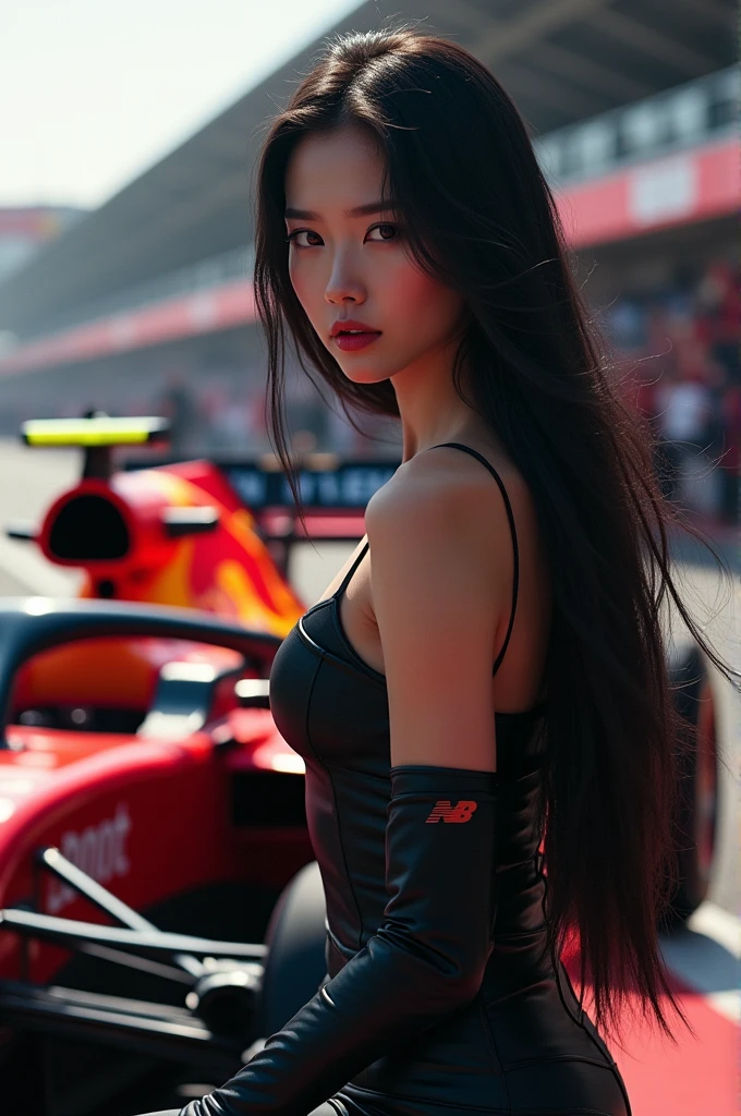 A YOUNG ASIAN WOMAN WITH LONG BLACK HAIR LEANING AGAINST A FORMULA 1 CAR NEXT TO MAX VERSTAPPEN 