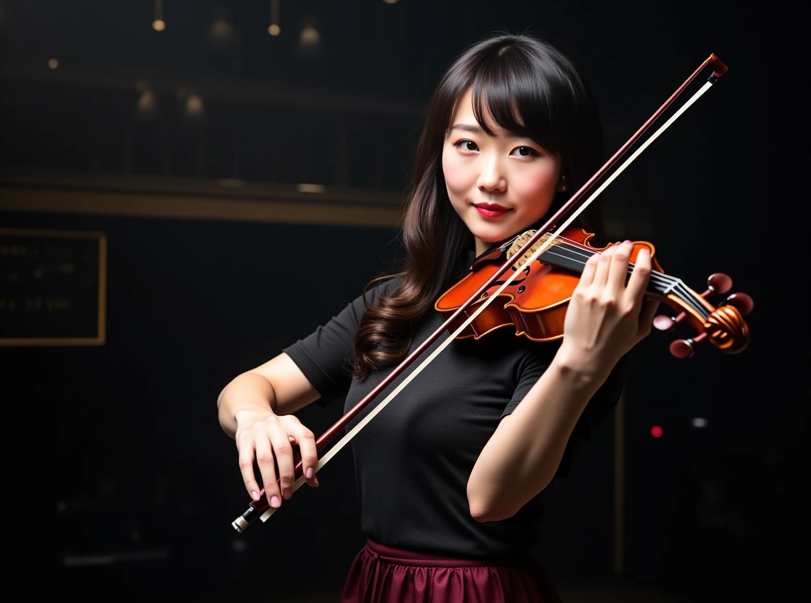 (high resolution, high detail, best quality), ultra detailed, 16k, photograph, cinematic lighting, beautiful face, perfect face, highly detailed beautiful face and eyes, delicate facial features, highly detailed background, elaborately designed clothes, BREAK, stunning Japanese woman playing the violin at a concert venue, Stradivarius, (Crimson sleeveless dress), curvy, (Wavy Hair), perfect make-up, soft smile
