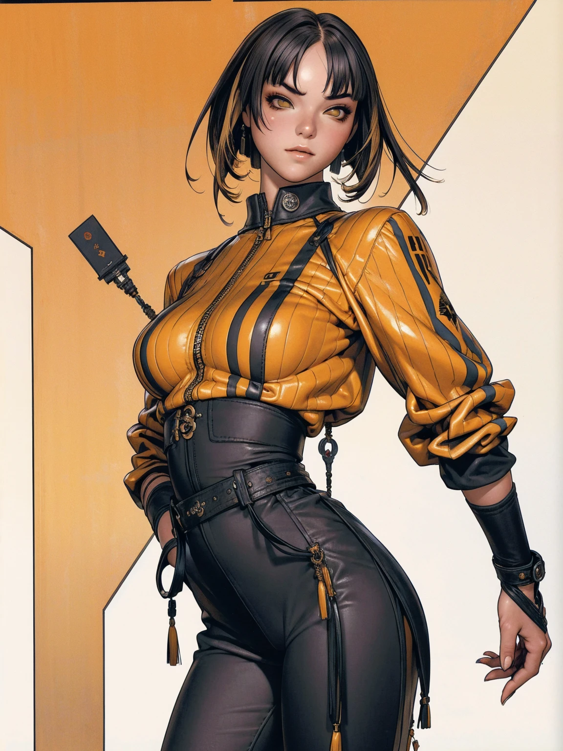 (best qualityer))), (((manga strokes))), (((black bob hair with straight bangs and yellow highlights))), (((wide pants with 2 side stripes))), uma Kizi jovem muito bem vestida com roupas modernas de inverno, top gift vertical stripes, short jacket with dark fur collar, beautiful and expressive face, slightly-smile, big eyes with long black eyelashes, heavy make-up, chains and zippers spread across clothes, contrasting colours, pose de atitude, hair with a modern and futuristic cut, urban game poster art, dramatic camera angles, graffiti art elements in the background, design mixing contemporary and retro by Shepard Fairey, (((cowboy shot))), (((best qualityer: 1.4))), (Unbeatable masterpiece), (hiper HD),(CG 8k hyper-realistic), Kizi, (((standing alone))), pirralha violent, (((14歳))), sexly, pose de atitude, work of art, post-apocalypse, (((manga style))), bounty hunter, violent, Manic, the way you want, slenderbody, thin but strong, perfectbody, roupa moderna, advanced technology, neon, sleeves with vertical striped pattern, neutral background, (( cowboy shot )). intricate visual