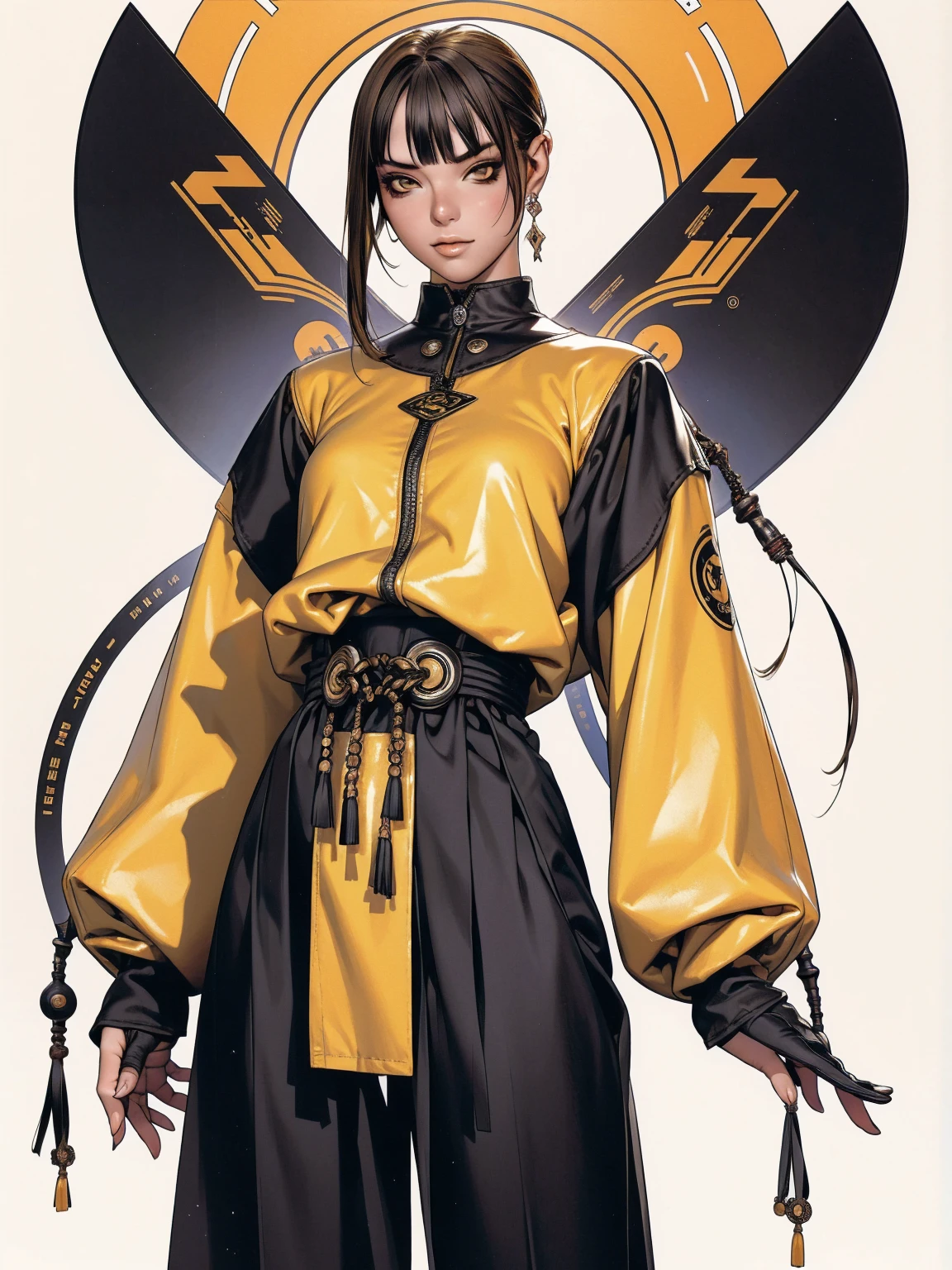 (best qualityer))), (((manga strokes))), (((black bob hair with straight bangs and yellow highlights))), (((wide pants with 2 side stripes))), uma Kizi jovem muito bem vestida com roupas modernas de inverno, top gift vertical stripes, short jacket with dark fur collar, beautiful and expressive face, slightly-smile, big eyes with long black eyelashes, heavy make-up, chains and zippers spread across clothes, contrasting colours, pose de atitude, hair with a modern and futuristic cut, urban game poster art, dramatic camera angles, graffiti art elements in the background, design mixing contemporary and retro by Shepard Fairey, (((cowboy shot))), (((best qualityer: 1.4))), (Unbeatable masterpiece), (hiper HD),(CG 8k hyper-realistic), Kizi, (((standing alone))), pirralha violent, ((())), sexly, pose de atitude, work of art, post-apocalypse, (((manga style))), bounty hunter, violent, Manic, the way you want, slenderbody, thin but strong, perfectbody, roupa moderna, advanced technology, neon, sleeves with vertical striped pattern, neutral background, (( cowboy shot )). intricate visual
