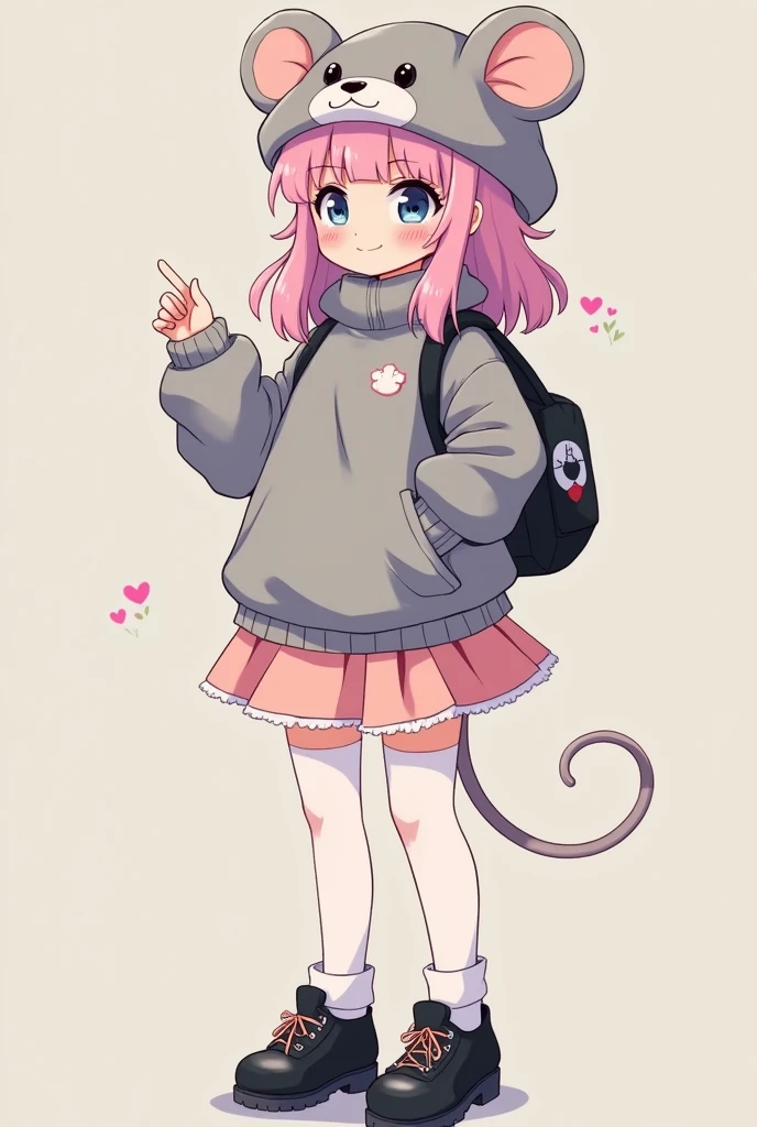 Sent by you:
Teenager of about 14 and 15 years old with light pink and pastel hair. Her clothing is a sweater that has a hat inspired by a mouse and is gray plus a light pink skirt and white stockings, black shoes and in the shape of a cartoon.