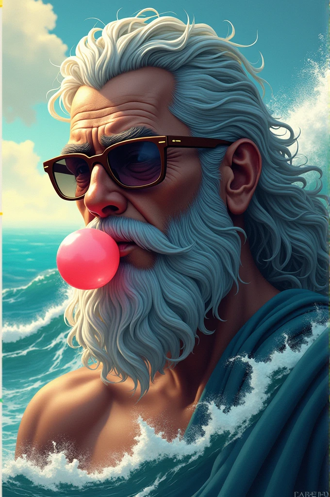 Poseidon wearing sunglasses and blowing bubble gum