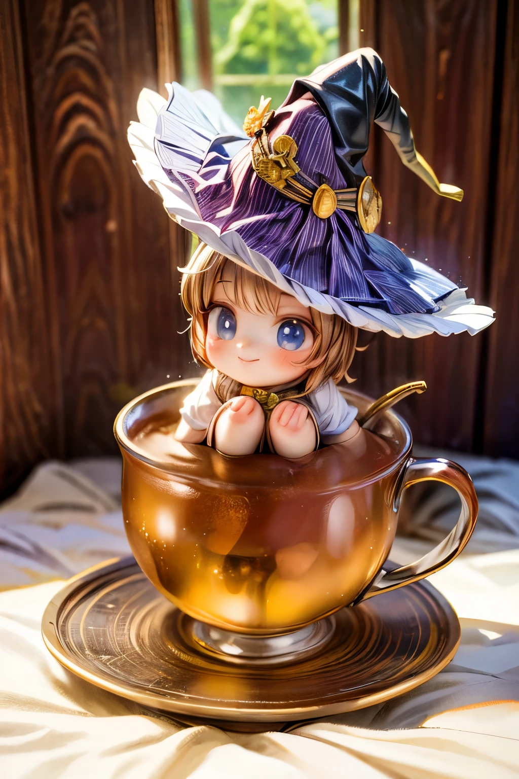 masterpiece, Highest quality, Wizard Tea , magic tea , magic, Little, Handsome witch, Highly detailed realistic eyes, Happy, Vibrant, colorful,