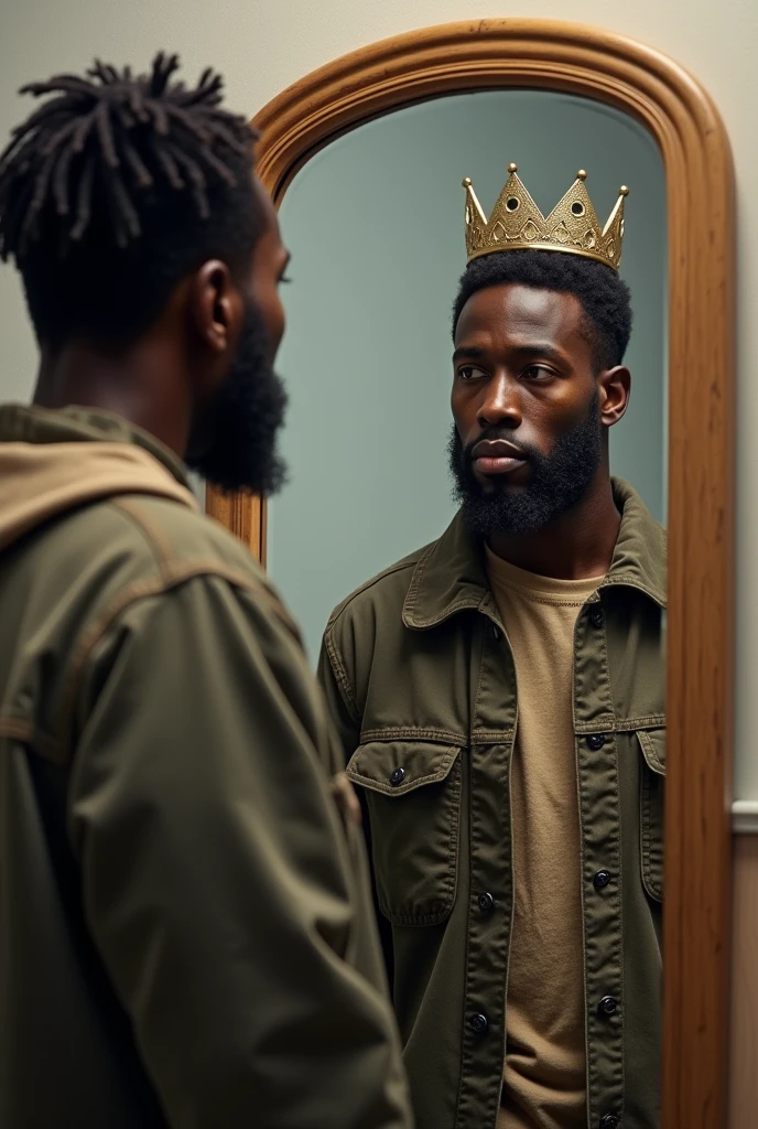 Un jeune papa africain realiste se regardant dans le miroir corps entier: première image avec des habits délabré et l'autre partie dans le miroir il est en veste et couronne 
Svp cadre bien limage pour que je voie tout le corps