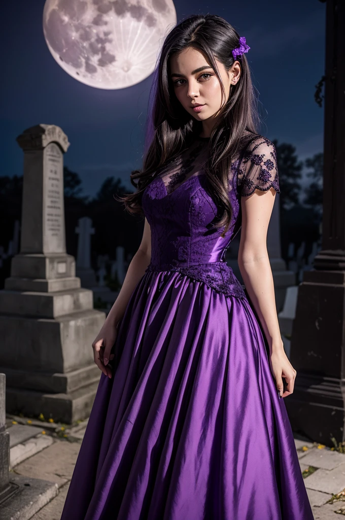 
FULL MOON NIGHT, IN A CEMETERY, THERE IS A WOMAN WEARING A PURPLE DRESS WITH LILAC, BLOWING SHINY POWDER