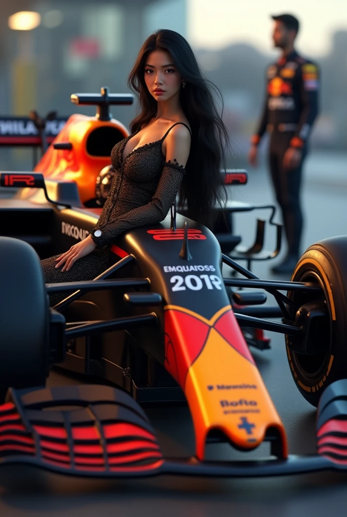 A YOUNG ASIAN WOMAN WITH LONG BLACK HAIR LEANING AGAINST A FORMULA 1 CAR NEXT TO MAX VERSTAPPEN