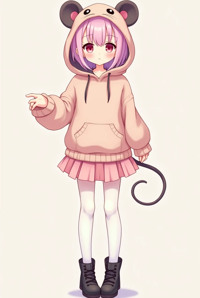 Sent by you:
ager of about 14 and 15 yh light pink and pastel hair. Her clothing is a sweater that has a hat inspired by a mouse and is gray plus a light pink skirt and white stockings, black shoes and in the shape of a cartoon.