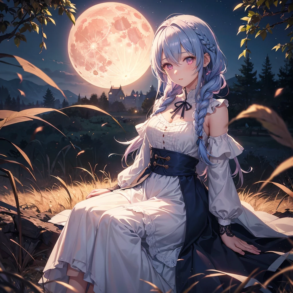 (Braiding),(Sky blue medium hair), (Pink eyes),(Fair skin)  ,(whole body),(One Girl),(harvest moon),(A large amount of Miscanthus sinensis in the background),autumn,(full moon),(masterpiece, Highest quality, Very detailed, Best Shadow), (Detailed Background), (Beautifully detailed face), High Contrast, (Best lighting, Very delicate and beautiful), ((Cinematic Light)), Hyper Detail,8k, Dramatic Light, Intricate details