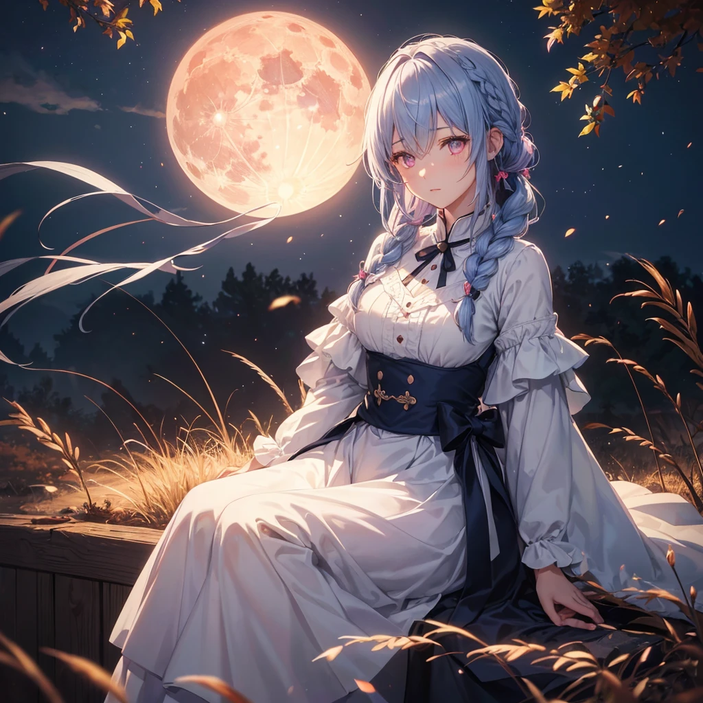 (Braiding),(Sky blue medium hair), (Pink eyes),(Fair skin)  ,(whole body),(One Girl),(harvest moon),(A large amount of Miscanthus sinensis in the background),autumn,(full moon),(masterpiece, Highest quality, Very detailed, Best Shadow), (Detailed Background), (Beautifully detailed face), High Contrast, (Best lighting, Very delicate and beautiful), ((Cinematic Light)), Hyper Detail,8k, Dramatic Light, Intricate details